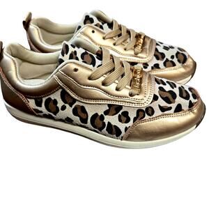 Women's 8 (39) Fashion Chetah Print Tennis Shoe Athletic Sneaker Gold